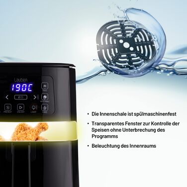 Фритюрниця Lauben Hot Air Fryer 4000BC, циркуляція гарячого повітря на 360, ємність 4 л, потужність 1600 Вт, 8 програм, можна мити в посудомийній машині, регульована температура 120 - 200