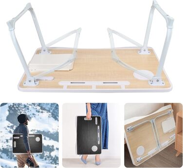 Складаний столик для ноутбука з USB-портом, з ручкою, кишенями для карток, тримачем для напоїв та висувною шухлядою (чорний)