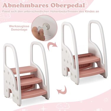 Дитячий триступеневий табурет-сходинка COSTWAY, регульована висота, знімний верхній щабель, неслизьке покриття, 50 кг, рожевий