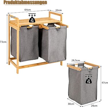 Кошик для білизни COSTWAY 2 відділення, відро для білизни з полицею, сортувальник білизни бамбуковий висувний, для ванної кімнати, вітальні та спальні