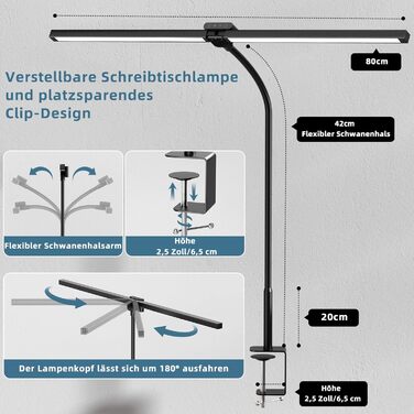 Яскравіша настільна лампа з подвійною головою зі світлодіодним регулюванням, настільна лампа 24W 80CM затискна для домашнього офісу, лампа денного світла для захисту очей з пультом дистанційного керування, офісна настільна лампа гусяча шия 5 колірних режи