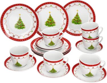 MamboCat Кавовий сервіс на 6 осіб (18 предметів) з різдвяним декором | 6 чашок 190 мл, 6 підставок, 6 тарілок | Фарфор, для святкування Різдва та Миколая