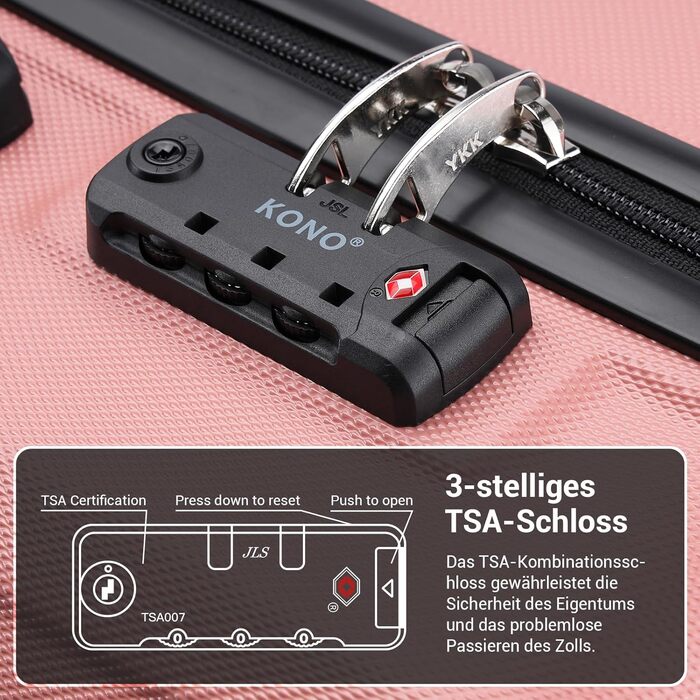 KONO Набір валіз 3 в 1 з ABS, рожевий колір, з TSA замком, M-L-XL, з роликами