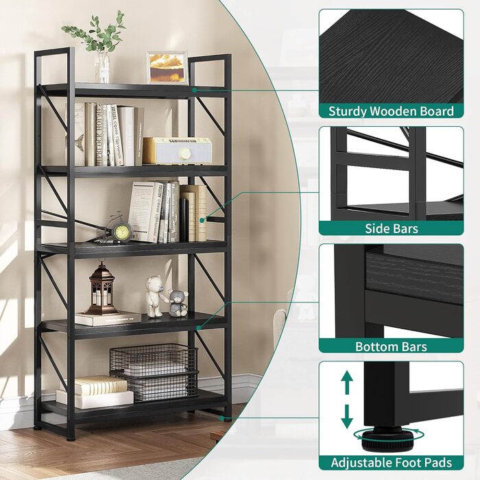 Стильна полиця YITAHOME з 5 ярусами, чорна, 80 x 30 x 158 см | Полиця для книг, вітальня, офіс
