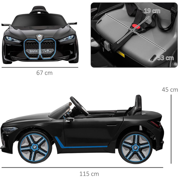 Дитячий електромобіль HOMCOM BMW з пультом, фарами, MP3, ременем безпеки, 3-5 км/год, чорний, для дітей 3-5 років