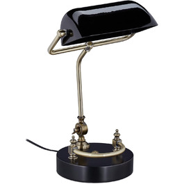 Банкірська лампа Relaxdays, скляний абажур, дерев'яна основа, поворотна бібліотечна лампа, цоколь E27, настільна лампа ретро, чорний