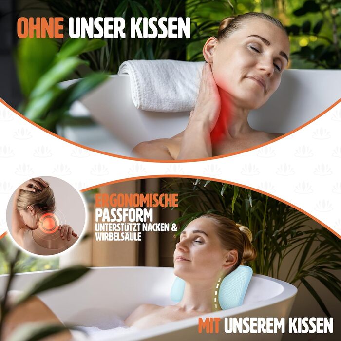 Подушка для ванни з ергономічною формою для шиї та спини - преміум якість, з 4 надміцними присосками та інтегрованим гачком (Блакитна)