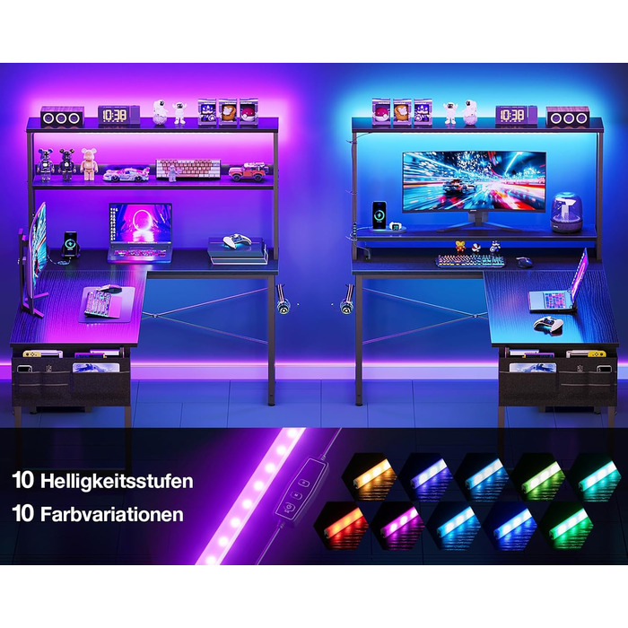 Ігровий стіл Coleshome L-подібної форми з LED-підсвічуванням та розетками, 115 × 80 см. Реверсивний стіл з полицями для зберігання, чорний. Підходить для home office та геймінгу.