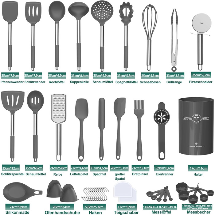 Набір кухонних помічників, 34 шт. Силіконове кухонне приладдя з нержавіючою сталею, стійке до нагріву, з тримачем для посуду, антипригарне, сірий колір