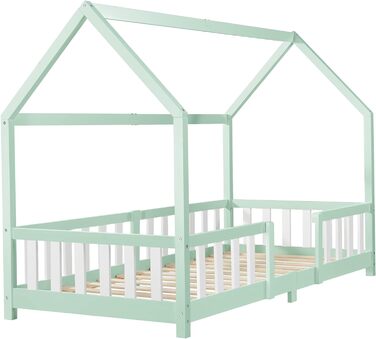 Дитяче ліжко Sisimiut house ліжко 140 х 200 см із захистом від падіння ліжко для дітей Ліжко підлогове рейкове каркасне кольори сосни (М'ятний / Білий, 90x200 см)