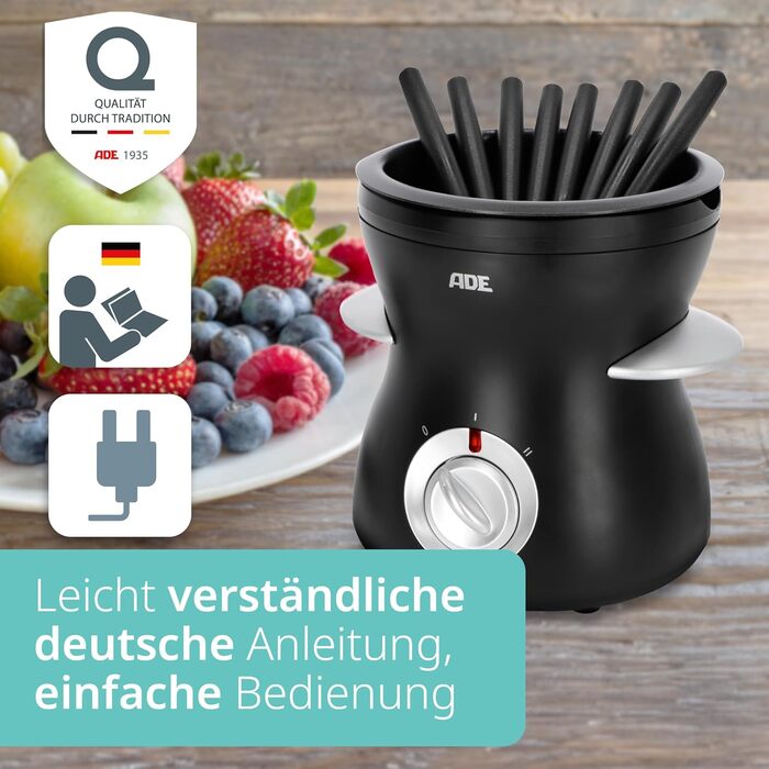 Електричне шоколадне фондю ADE 250 мл з 6 шампурами | 2 температурні режими для плавлення та підтримання тепла | Апарат для шоколаду та кувертюри | Знімна чаша з тефлоновим покриттям 250 мл для 1-2 осіб