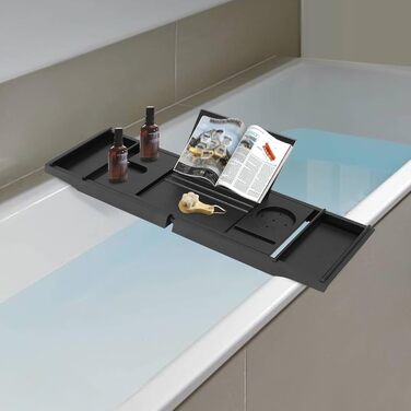 Підставка для ванни з бамбука Czurachel, чорна, регульована (75-111 см), стіл для ванни, піднос для туалетних аксесуарів, бритв та електронних пристроїв