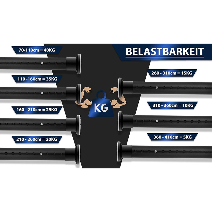 Штанга для душу без свердління 160-210 см, Ø 32 мм, з кріпленнями - для завіс у ванну, міжкімнатні перегородки та кухня