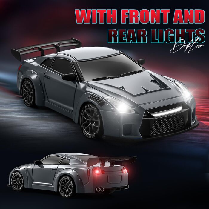 RC Drift Car ACAMMZAR 1:24, 4WD, 20 км/год, з LED підсвіткою, 2 акумулятори, для дітей та дорослих (S815 Сірий)