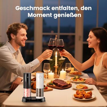 Електричні солі та перечні млини 2 шт. з USB-C зарядкою, регулюванням помелу, LED підсвіткою, керамічним жорном та підставкою – чорний/білий