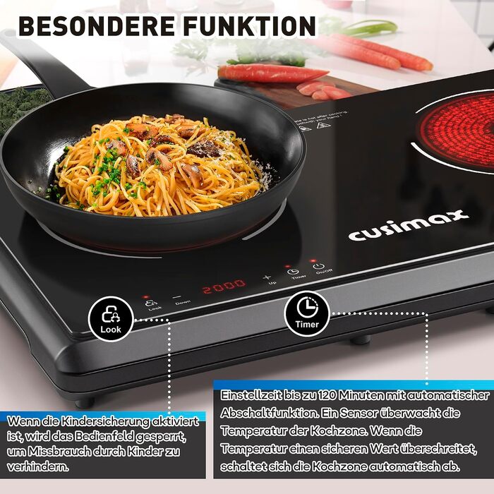 Двоконфорочна електрична плита CUSIMAX 3500W з інфрачервоним нагрівом, склокераміка, LED дисплей, таймер, сенсорне керування, захист від дітей, чорний колір