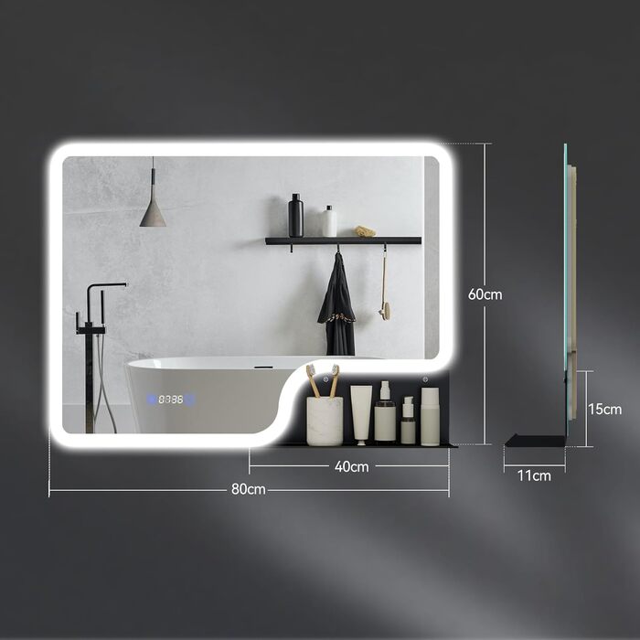 Дзеркало для ванної кімнати YOURLITE з LED-підсвічуванням 100x60 см, сенсорне керування, годинник, антизапар, 3 кольори світла, регулювання яскравості, без запотівання, функція пам'яті, білий