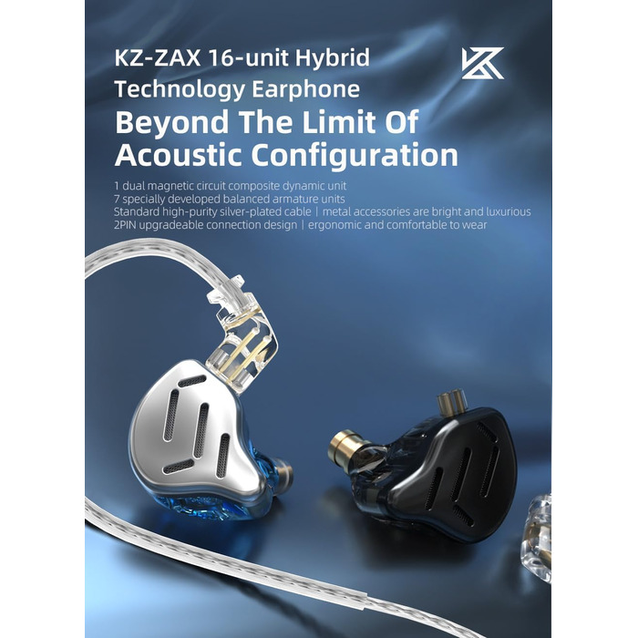 Навушники-вкладиші KZ Zax, 16 одиниць, HiFi, Hybrid IEM, Цинковий сплав, знімний кабель, Чорний, Мікрофон