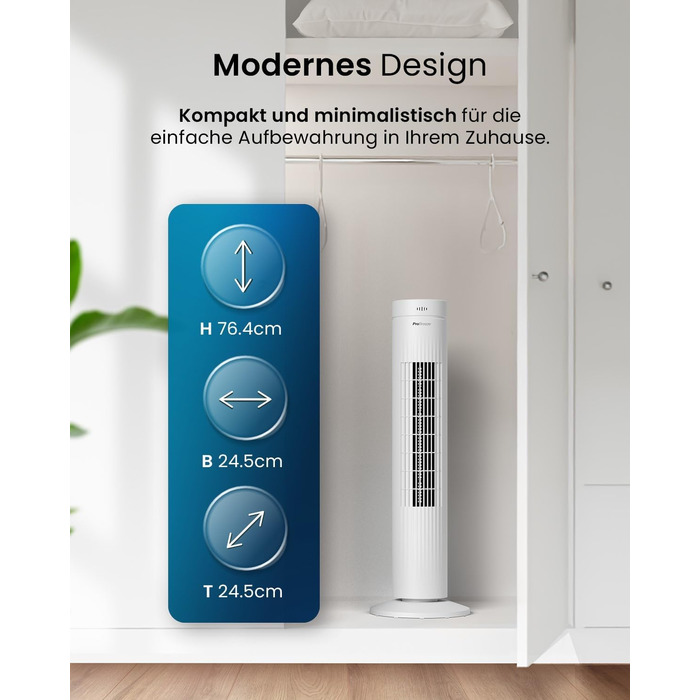 Турбовентилятор Pro Breeze з дистанційним керуванням, 76 см, осциляція 65°, таймер, 3 швидкості, тихий, для спальні та офісу, білий