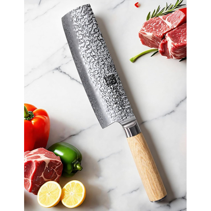 Японський ніж Сантоку 18 см з VG-10 сталі Дамаск, професійний кухонний ніж, ідеальний для дому та як подарунок (18 см Накірі)