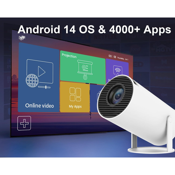 Портативний проєктор Mini Beamer 4K з Android 11: Smart, електричний фокус, 5G WiFi 6, BT 5.0, Full HD 1080P, 260ANSI, авто-корекція трапецеїдальних спотворень, 5W динамік