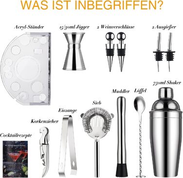 Набір шейкерів для коктейлів, барний аксесуар з нержавіючої сталі з 12 предметів, шейкер 750 мл із підставкою, подарунок для чоловіків