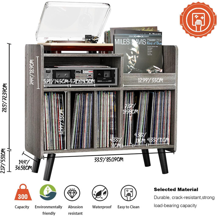 Стіл для програвача, стійка для вінілових пластинок середини століття з місцем для зберігання до 350+ альбомів, шафа для вінілу з регульованими полицями (Сірий)