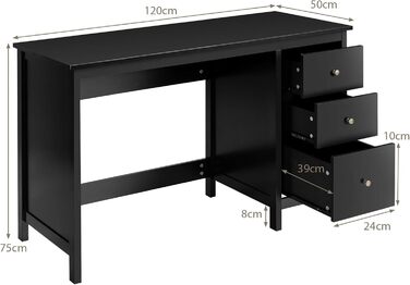 LIFEZEAL Стол письмовий з 3 шухлядами, комп'ютерний стіл 120x50 см, білий/чорний для офісу/кабінету