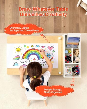 Дитячий стіл VEVOR з 2 стільцями та шафкою 3 ящики, набір для малювання, читання, письма, ігор, дитяча кімната, дитячий садок, білий + натуральне дерево, сучасний дизайн