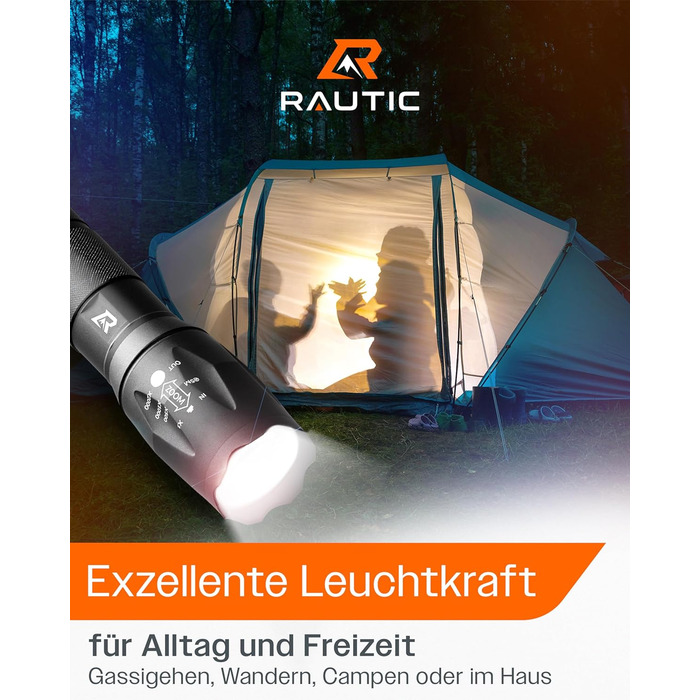 Ліхтарик RAUTIC в комплекті з 2 шт. , потужний світлодіодний ліхтарик з батарейками та кобурою, ліхтарик на батарейках з 3 режимами для щоденного використання, кемпінг та надзвичайні ситуації чорний