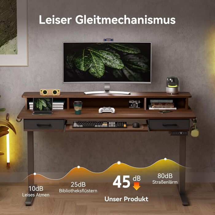 Регульований за висотою стіл WALKINGDESK для офісу, 160x60 см. Електричний, з полицею для клавіатури, 2 шухляди, білий.