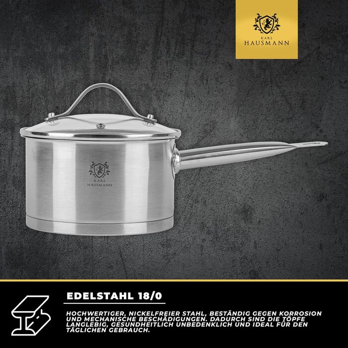 Нержавіюча каструля Karl Hausmann 3.6L з нержавіючої сталі з кришкою (діаметр 20 см) - для всіх типів плит, включаючи індукцію. Ідеально підходить для супу та пасти.