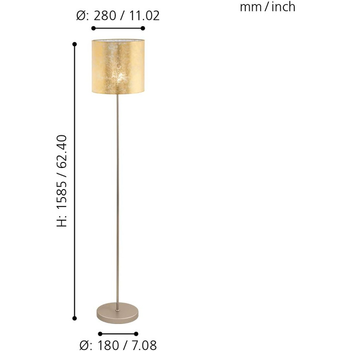 Торшер EGLO Viserbella, вінтаж, сталь/текстиль, шампанське/золото, ступінчастий вимикач, розетка E27