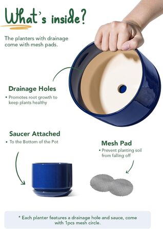 Набір керамічних горщиків LE TAUCI 3 шт. (11, 13, 17 см), горщики для кімнатних рослин з підставкою та дренажним отвором, реактивна глазур (бежевий, сапфіровий блакитний)