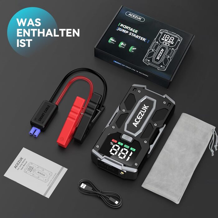 Портативний зарядний пристрій Starthilfe Powerbank 6000A для автомобіля з LED-ліхтариком, великим екраном (6000A) чорний M01