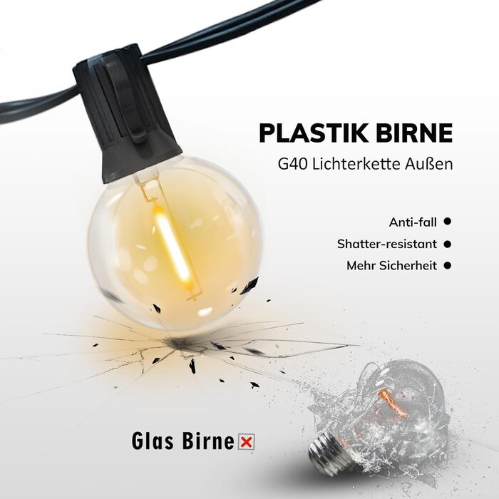 LED гірлянда на 15 метрів, тепле біле світло 2700K, 25+2 лампочки G40 E12, димер, для зовнішнього використання, сад, вечірка, тераса