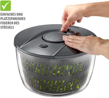 Салатниця GEFU з відром для відстоювання, 3л, чорно-сіра | Пластикова миска з вбудованим ситом та механічним приводом