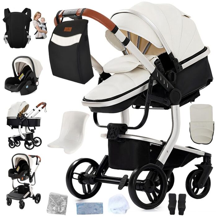 Дитяча коляска 3 в 1 Kinderwagen, 0-4 роки, компактна, складна, з автокріслом, аксесуари (біла)