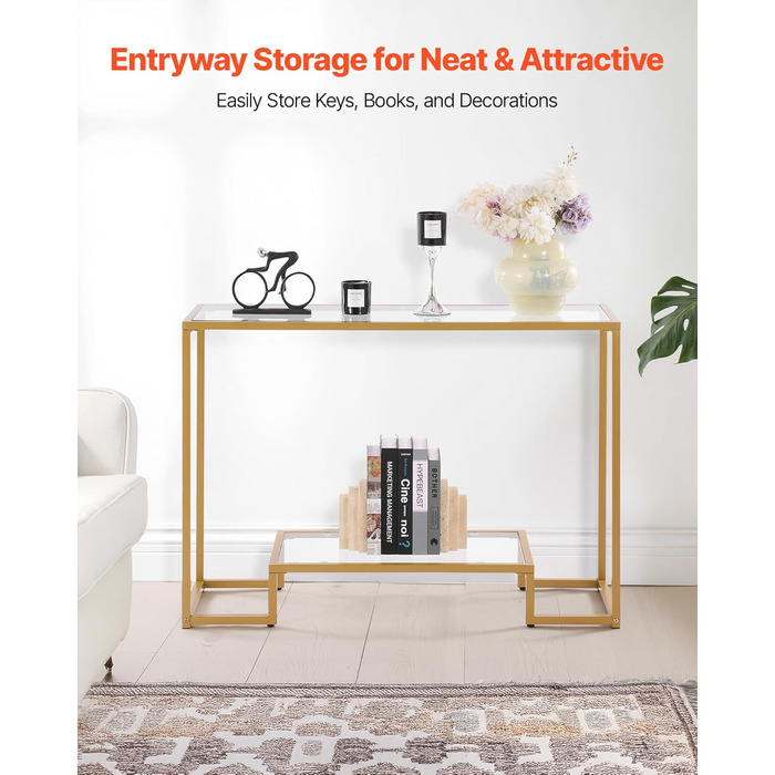 VEVOR Консольний столик з 2 ящиками, сучасний прямокутний, 107 x 35,4 x 75,5 см, з скляною стільницею, столик біля дивана з захистом від перекидання, для вітальні, передпокою, холлу