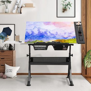 Набір мольбертів Magshion: регульований стіл для художника з нахиленою дерев'яною стільницею, стілець та 2 висувними ящиками для зберігання. Підходить для дому, офісу та школи (білий/чорний)