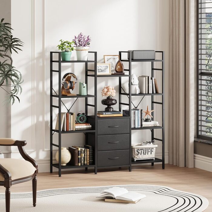 Стильна полиця-стеллаж з 4 висувними ящиками з тканини, 142 см, чорний колір. Ідеально для вітальні, офісу, кухні, балкону. Книжкова полиця, стелаж-куб, полиця для зберігання.