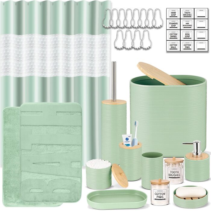 Набір аксесуарів для ванної кімнати IMAVO, 9 предметів: сміттєвий бак, дозатор мила, мильниця, тримач для зубних щіток, стакан для зубних щіток, тримач для унітазного йоржика, дозатор ватних паличок (зелений, 26 предметів + душова завіса + килимки)