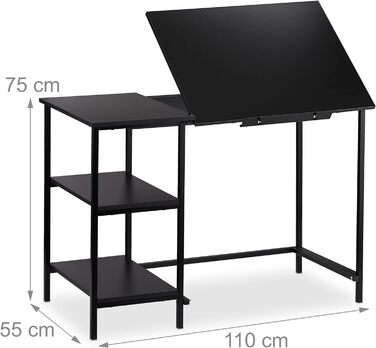 Стіл Relaxdays з нахилом, 3 полиці, кілька кутів, комп'ютер і робочий стіл, ВхШхГ 75 x 110 x 55 см, (чорний)