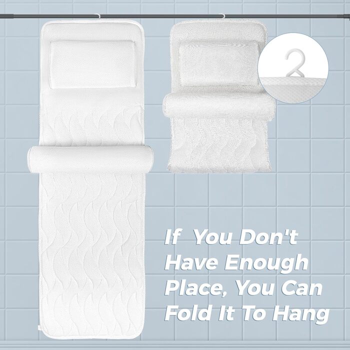 Килимок для ванни з подушкою для тіла 123x40 см, для зросту 160-180 см, швидковисихаючий, для підтримки голови, шиї та спини