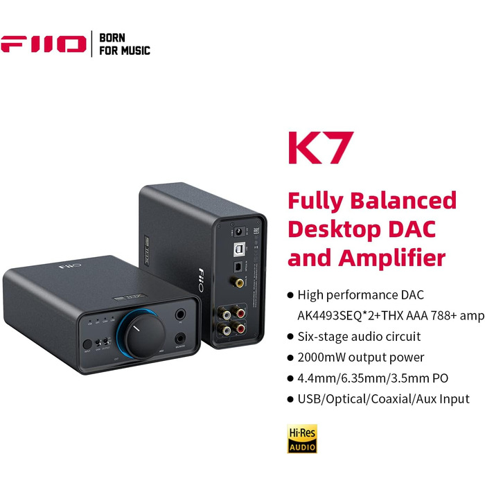 Підсилювач для навушників FiiO K7 HiFi DAC, AK4493S*2, XMOS XU208, PCM384kHz DSD256, USB/оптичний/коаксіальний/RCA