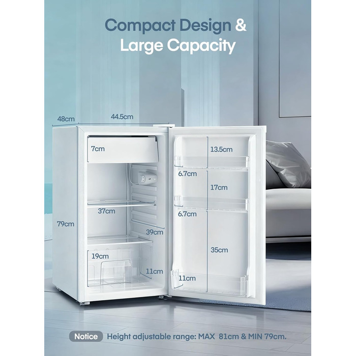 Компактний холодильник FOHERE на 90л з морозильною камерою, регулюванням температури (7 рівнів) та відділенням для овочів, білий