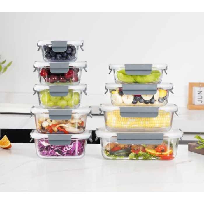 Набір контейнерів для зберігання продуктів Glas, 18 шт. (9 контейнерів, 9 кришок), безпечні для миття в посудомийній машині, мікрохвильовій печі та морозильній камері, з герметичним закриттям, без BPA, сірого кольору