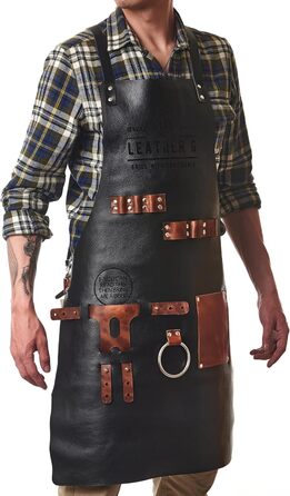 Чорний шкіряний фартух для гриля з тримачем для пива, BBQ фартух для майстра гриля - міцний, з кишенями, регульовані бретельки
