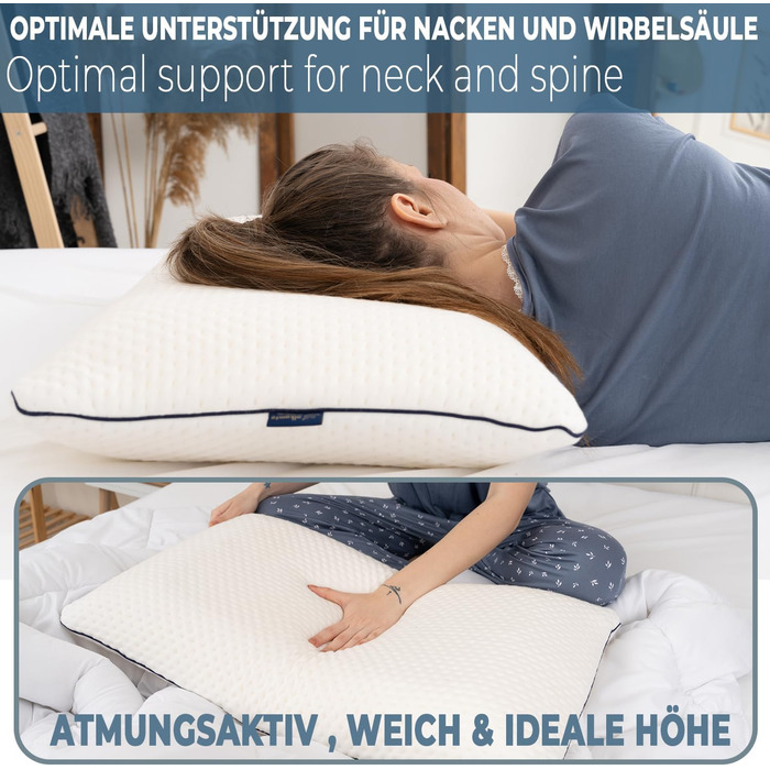 Подушка з піною з пам'яті Alkamto 70 x 45 см - ергономічна підтримка шиї - сертифікат Oeko-Tex - терморегулююча наволочка - гіпоалергенна та придатна для прання - для сну на спині та на боці 70 x 45 x 12 см