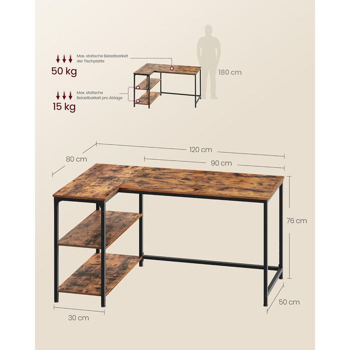 Кутовий стіл VASAGLE L-подібний для дому та офісу, комп'ютерний стіл з полицями, 120 x 80 см, вінтажний коричневий (LWD136KD01)